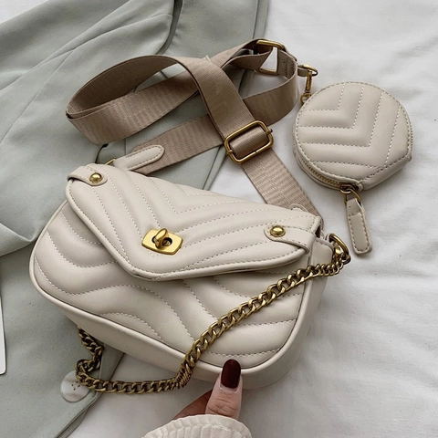 Sac Bandoulière Matelassé En V Pour Femmes En Cuir PU Chaîne Sac À Épaule Avec Petit Porte-Monnaie Rond Et Doubles Bretelles Chic Tendance