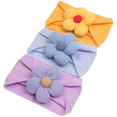 Baby Girl Headbands Elastic Nylon Ribbed Knit Large Flower Soft Infant Hair Bands Solid Color Toddler Headwraps