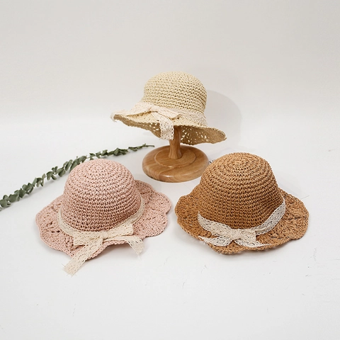 Cappello Di Paglia Intrecciata Per Bambine Con Fiocco In Pizzo Protezione Solare Estate Traspirante Tesa Ondulata Stile Dolce