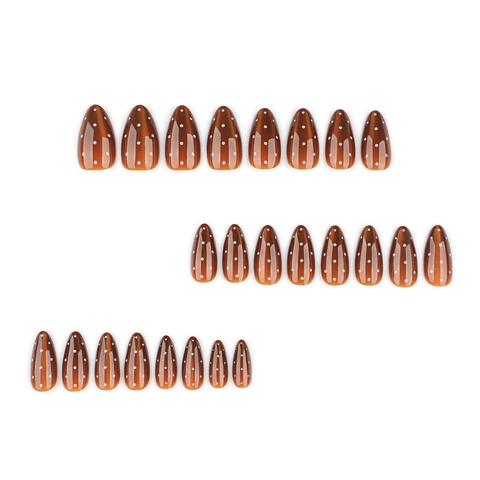 Press On Nails Almond Shape Caramel Brown Cat Eye Effect White Polka Dot Artificial Nails Decorative