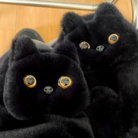 Winter Mittens Faux Fur Plush Cute Black Cat Thick Warm Windproof Neck Hanging For Women Men Outdoor Cycling