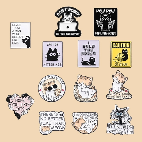 Pines De Esmalte De Gato Divertidos Aleación De Zinc Slogan De Dibujos Animados Insignias De Solapa Para Mochilas Chaquetas Regalo Para Amantes De Los Gatos