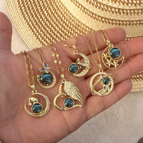 Galaxie Sternenhimmel Anhänger Halskette Edelstahlkette Kupfer Mond Stern Astronaut Flügel Herz Schmuck Für Damen Schick
