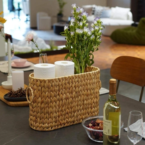 Handmade Woven Storage Basket Natural Seagrass Bathroom Toilet Paper Magazine Organizer With Side Handles Rustic Decor