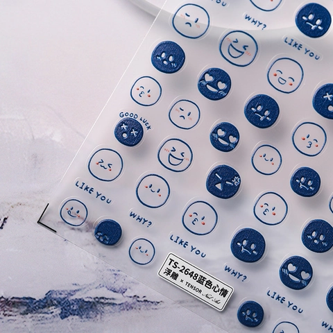 3D Relief Nail Art Stickers Blue Emoji Cartoon Face Design Self Adhesive Ultra Thin Manicure Decoration For Women