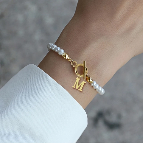 Artificial Pearl Bracelet With Initial Letter Pendant OT Toggle Clasp Stainless Steel Copper Zircon Vintage Minimalist For Women