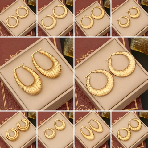 Stainless Steel Geometric Hoop Earrings Gold Plated Textured Chunky Round Circle Studs Fashion Jewelry For Women