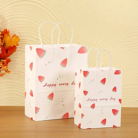 Cartoon Watermelon Party Pattern Paper Gift Bag With Handle White Portable Shopping Wrap Bag For Birthday Celebration Party