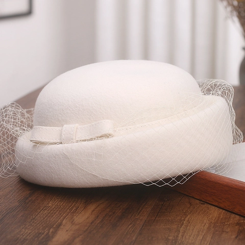 Vintage Wollfilz Pillbox Hut Mit Netzschleier Und Schleife Eleganter Fascinator Für Frauen Hochzeit Party Formell