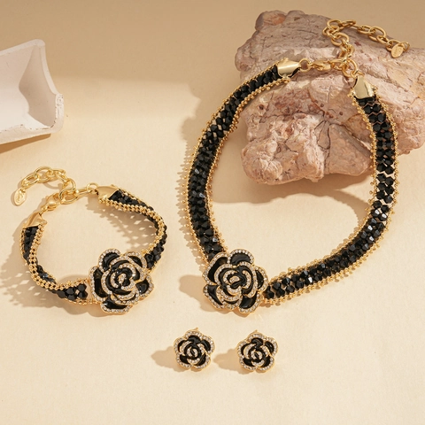 Vintage Black Rose Flower Jewelry Copper Rhinestone Crystal Choker Necklace Earrings Bracelet Gothic Elegant Jewelry For Women