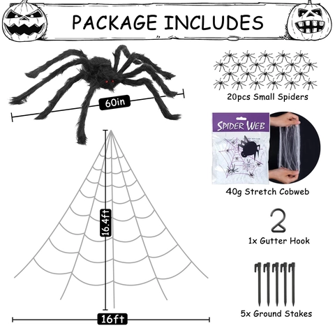 Decorazione Gigante a Ragnatela di Halloween Con Luce LED Viola e Grande Ragno di Peluche Nero per Esterni Giardino Festa