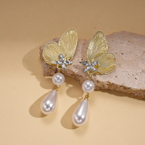 Hohl Schmetterling Tropfen Ohrringe Mit Strass Und Künstliche Perle 925 Sterling Silver Earring Post Vintage Elegant Damen