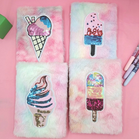 Cuaderno De Peluche Piel Sintética Tie Dye Lentejuelas Helado Dibujos Animados Agenda Diario Para Niños Niñas Estudiante Oficina Escuela Papelería