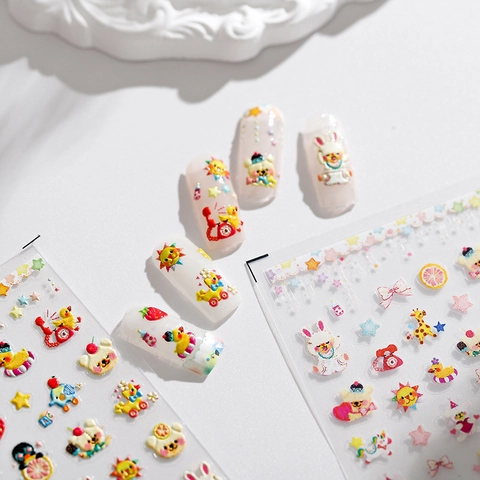 5D Relief Nail Art Stickers 3D Embossed Cute Cartoon Animal Rabbit Bear Duck Star Strawberry Adhesive Manicure Decals DIY