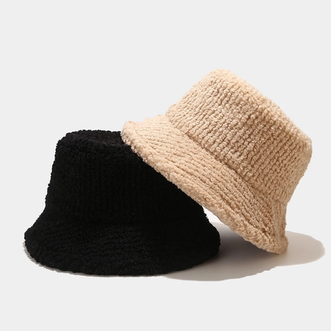 Plush Teddy Fleece Bucket Hat Thick Warm Winter Fisherman Cap Solid Color Adjustable Faux Shearling Hat For Women