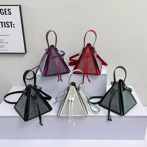 Borsa A Mano Piramidale Triangolare Strass Borchie Pelle PU Coulisse Borsa A Tracolla Sera Donna Elegante