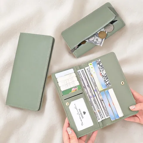 Cartera Larga Mujer Bloqueo RFID Cuero PU Ultra Delgada Color Sólido Ranuras Para Tarjetas Cremallera Bolso De Mano