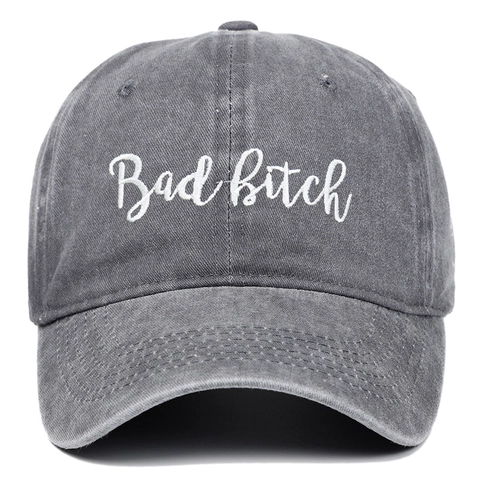 Washed Cotton Baseball Cap Embroidered Bad Bitch Letters Distressed Retro Style Adjustable Soft Top Hat Unisex