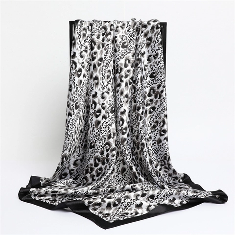 Leopard Print Satin Square Scarf For Women Fashion Printed Polyester Headscarf Decorative Sun Protection Shawl Bandana