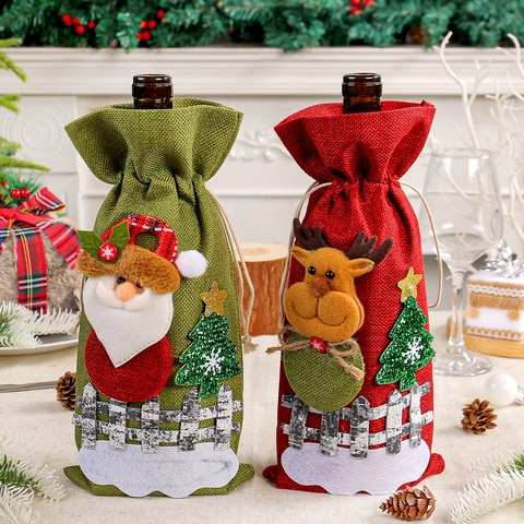 Christmas Wine Bottle Cover Polyester Burlap Style 3D Santa Snowman Reindeer Bear Applique Drawstring Bag Holiday Decor