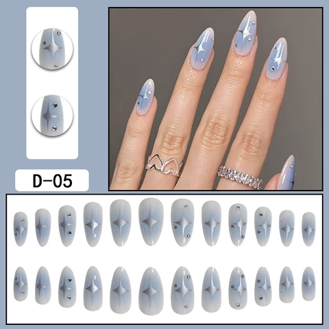 Blue White Gradient Press On Nails Almond Shape Silver Star Rhinestone Decoration Artificial False Fingernails For Women Elegant