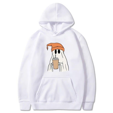 Sweat À Capuche Homme Polyester Pull Poche Kangourou Halloween Cartoon Fantôme Buvant Du Café Pour Tenue Décontractée