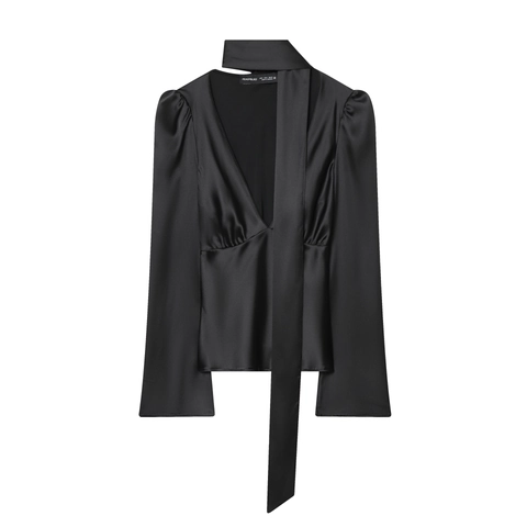 Elegante Blusa In Raso Da Donna Manica Lunga Scollo A V Sciarpa Cravatta Pullover Camicia Moda Ufficio Top