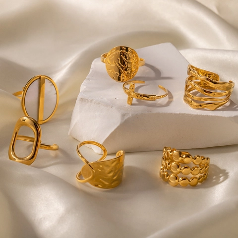 Anillos Abiertos De Acero Inoxidable Para Mujer Textura De Lava Irregular Diseño De Onda Geométrica Con Incrustación De Concha Joyería Retro