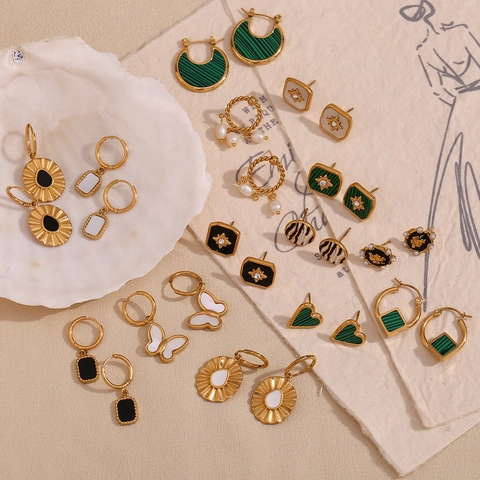 Vintage 18K Vergulde Roestvrij Stalen Oorknopjes Voor Vrouwen Geometrische Vierkante Emaille Kunstparel Vlinder Hart Strass Mode Sieraden Cadeau
