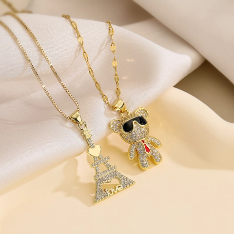 Collana Pendente Orso Torre Eiffel Carino Rame Placcato Oro Zircone Incastonato Gioielli Di Moda Geometrici Per Donne