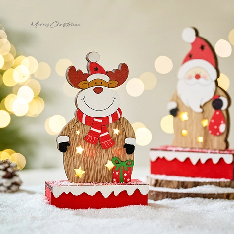 Weihnachts Holz LED Licht Schreibtisch Ornament Weihnachtsmann Rentier Figur Warmes Glühen Heimdekoration Festliche Requisite