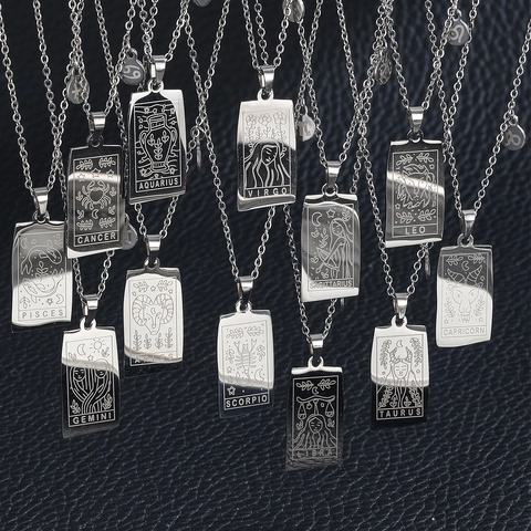 Collar Signos Del Zodiaco Acero Inoxidable Carta Tarot Colgante Rectángulo Grabado Doble Cara Joyería Retro