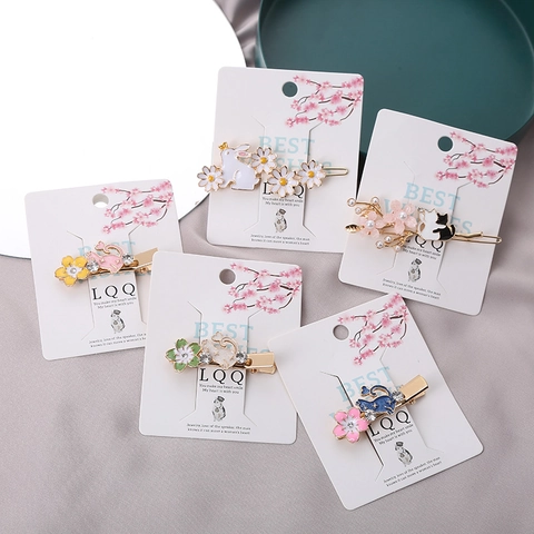 Barrettes Cheveux Émail Chat Lapin Style Japonais Fleur Cerisier Alliage Strass Pince Bec Canard Bijoux Femmes Filles