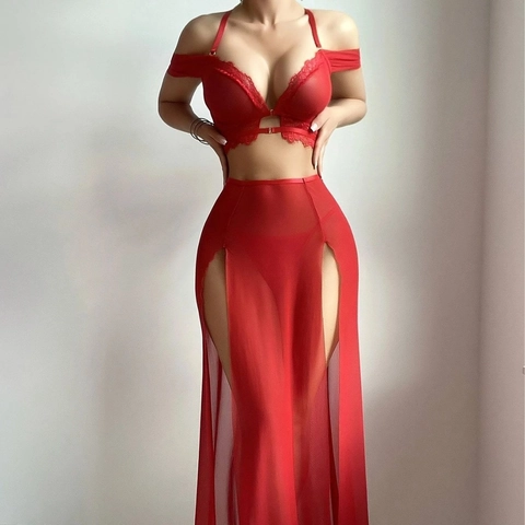 Lingerie Sexy Rouge Mesh Dentelle Transparente Jupe Longue Fendue Nuisette Soutien-Gorge Et String Pour Femmes