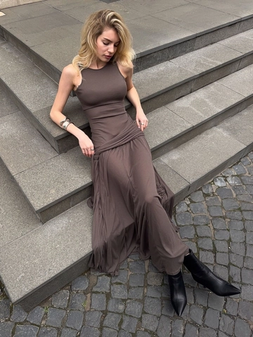 Women Sleeveless Maxi Dress Round Neck Solid Color Ruched Side Draped Waist Slim Fit Streetwear Party Brown