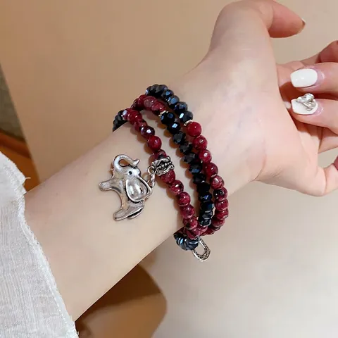 Mehrlagiges Perlenarmband Mit Elefant Und Herz Legierung Anhänger Rhodonit Glasperlen Ethnisch Böhmisch Vintage Für Damen