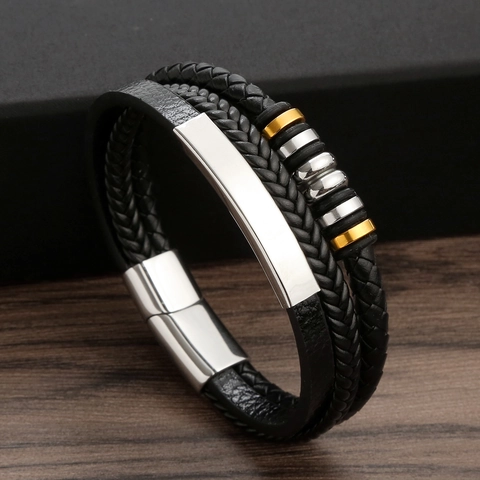 Bracciale Da Uomo In Pelle Intrecciata Multistrato Con Chiusura Magnetica In Acciaio Inossidabile E Perline In Lega Di Zinco Gioielli Punk