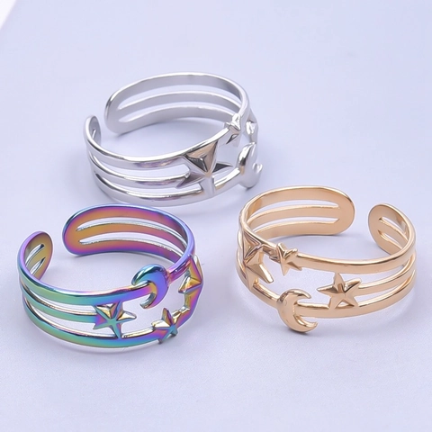 Stainless Steel Star Moon Hollow Out Adjustable Open Ring For Women Men Gold Silver Rainbow Color Punk Finger Jewelry Gift