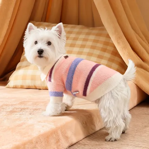 Pet Sweater Stripe Polo Neck Mink Fleece Warm Knitted Pullover Clothing For Dogs Cats Winter Autumn