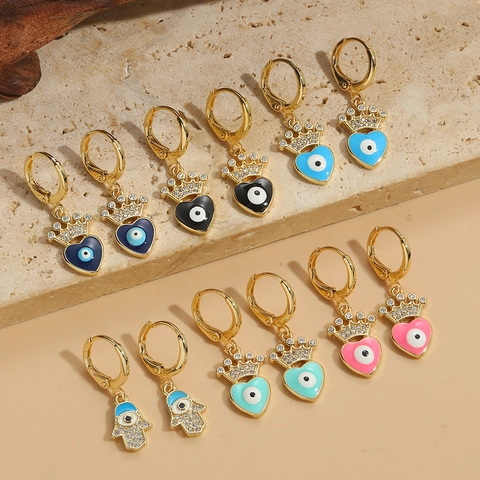 Vintage Kupfer Zirkonia Evil Eye Herz Ohrhänger Mit Kronen-Verzierung Für Damen Boho Hand Der Fatima Emaille Schmuck