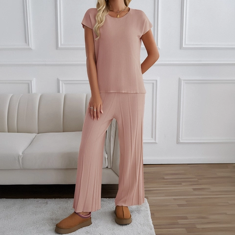 Top De Punto De Manga Corta Y Pantalones De Pierna Ancha Para Mujer Viscosa Acanalada Casual Elegante Color Sólido Holgado