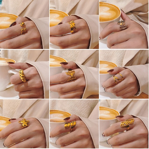 Mode Dames Verstelbare Open Ring Titaniumstaal 18K Verguld Minimalistisch Vlinder Hart Pijl Croissant Sieraden