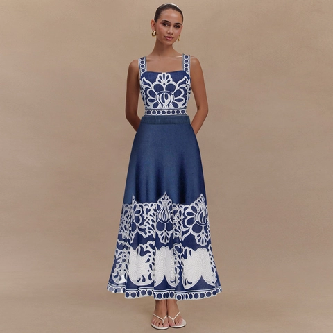Costume Da Bagno Intero Con Stampa Etnica Blu Bianco E Set Gonna Lunga Boho Stile Mediterraneo Asciugatura
