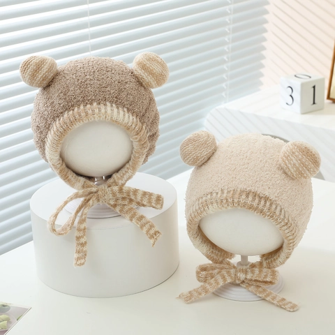 Cappello Invernale Peluche Neonato Carine Orecchie Orso Beanie Paraorecchie Ispessito Caldo Antivento Per Bambini Con Lacci
