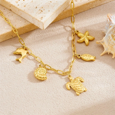 Oceaan Thema Vergulde Roestvrijstalen Ketting Dolfijn Schelp Schildpad Vis Zeester Hangers Strand Sieraden Voor Dames