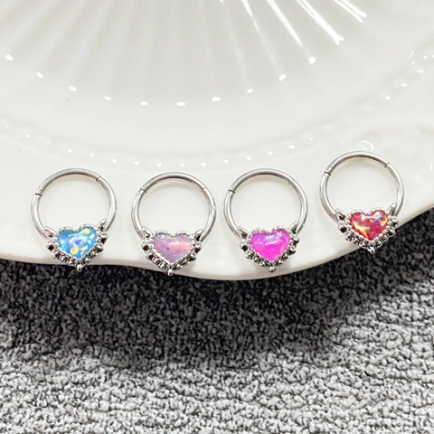Aro de Nariz de Acero Inoxidable en Forma de Corazón con Ópalo Artificial Hinge Septum Clicker para Mujer Joyas de Piercing
