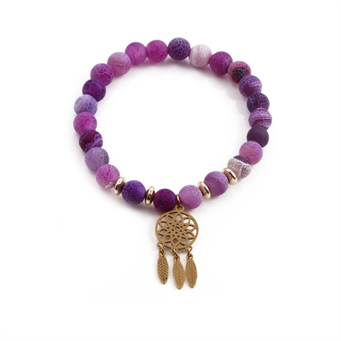 Bracciale Di Perline Pietra Stile Agata Crepata Viola Con Acchiappasogni E Piume In Acciaio Inossidabile Gioielli Boho