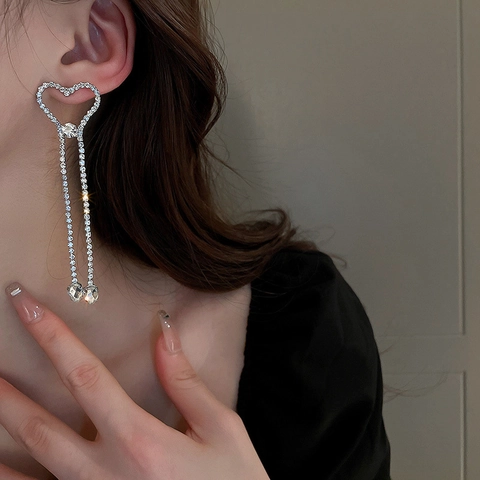 Elegant Heart Rhinestone Long Tassel Drop Earrings With 925 Sterling Silver Earring Post Copper Base High End Women Jewelry