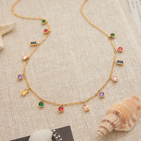 Multicolor Crystal Pendant Necklace 18K Gold Plated Stainless Steel Waterproof Hypoallergenic Jewelry For Women