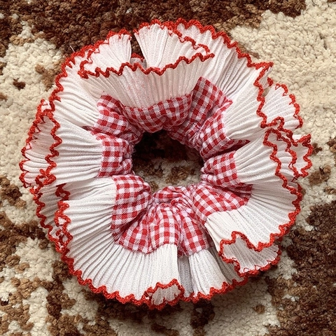 Übergroßes Scrunchie Handgefertigtes Baumwoll Gingham Plissee Spitze Elastisches Haargummi Band Haaraccessoires Damen